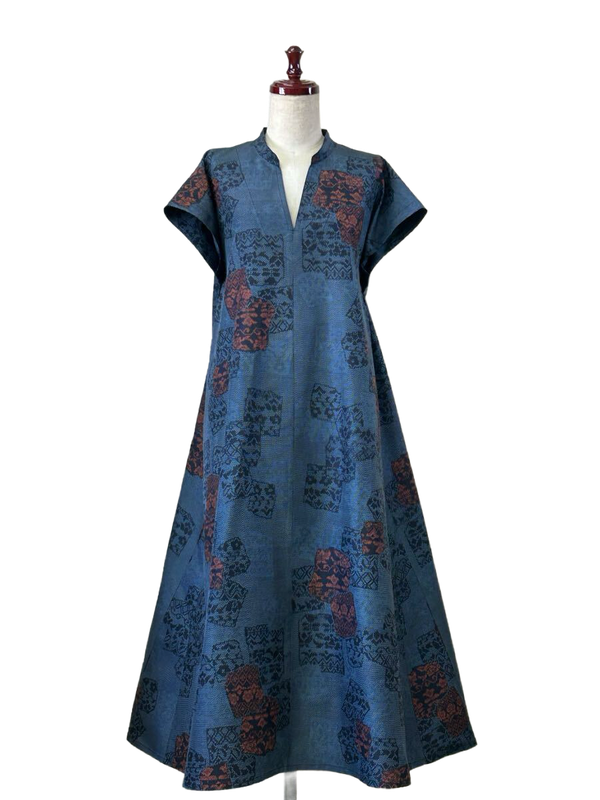 Silk Flare Dress - Navy &amp; Red Geometric