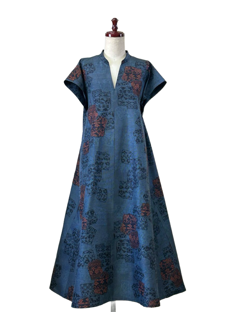 Silk Flare Dress - Navy &amp; Red Geometric