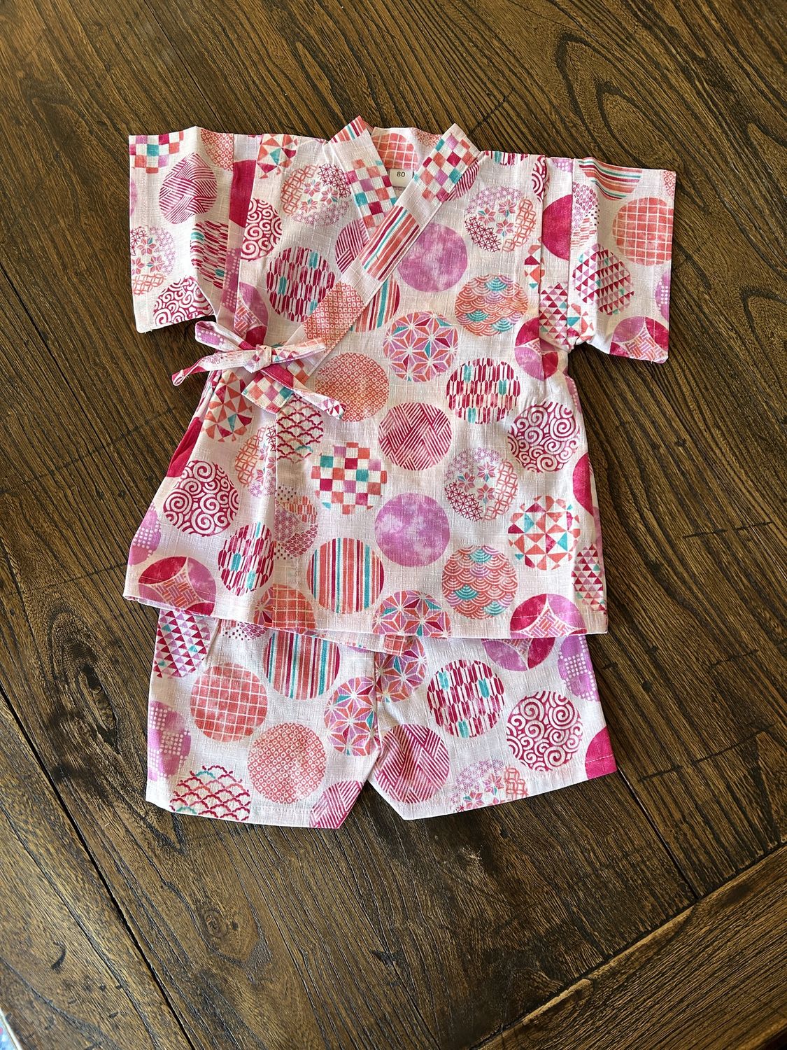 Baby/Kids Jinbei (Kimono style top &amp; shorts) - Mari Pattern, Colour: Pink/Pink 80 cm