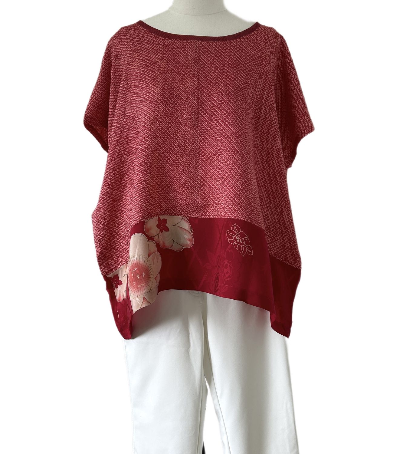 Shibori-dyed High Neck  Silk Top - Red with Floral Hem