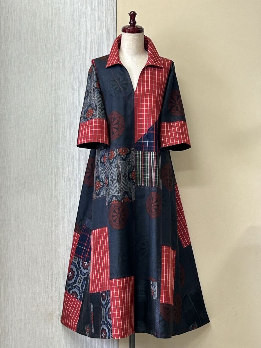 Oshima Silk Patchwork Flare Dress - Red &amp; Navy