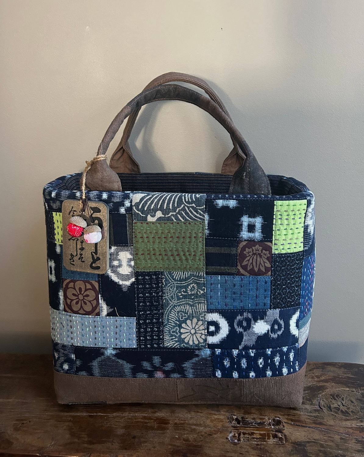 Kasuri Patchwork Basket Bag with Chestnut Accent