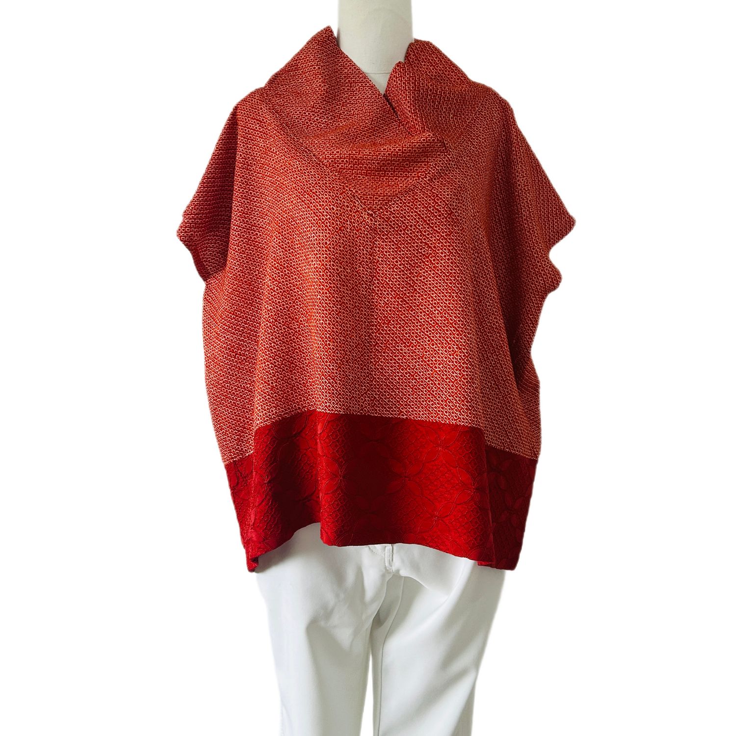 Shibori-dyed Silk Top - Scarlet with Floral Hem