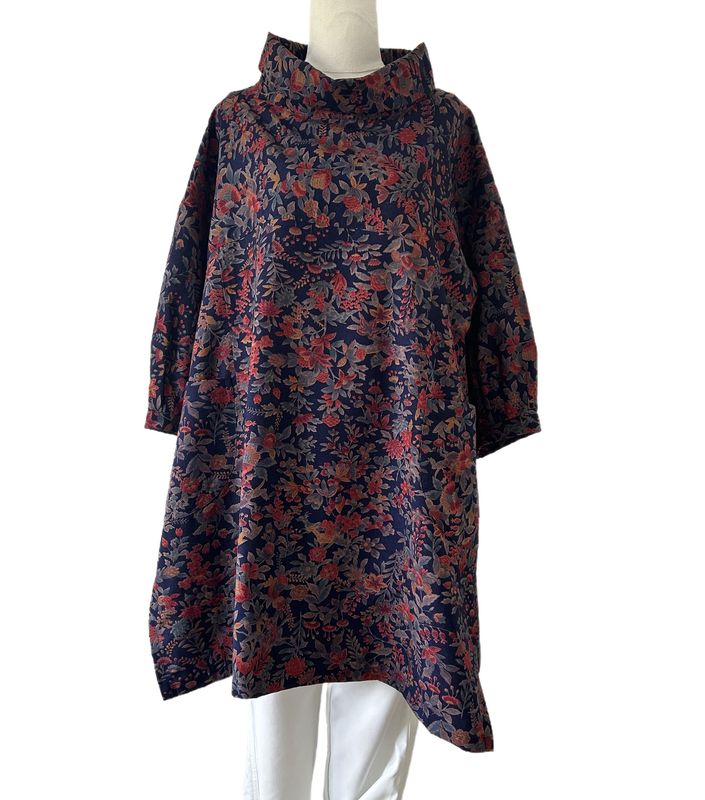 Upcycled Silk Kimono Tunic - Navy/Red Floral