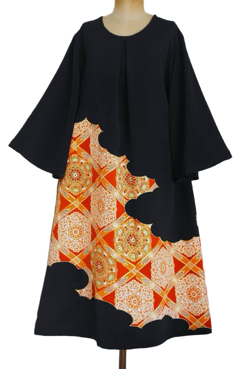 Upcycled Silk Kimono Dress - Orange Geometric with Gold Embroidery