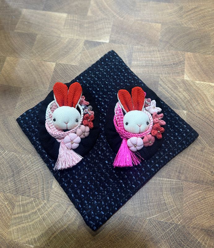 Towa Chirimen Silk Brooch - Rabbit with Scarf