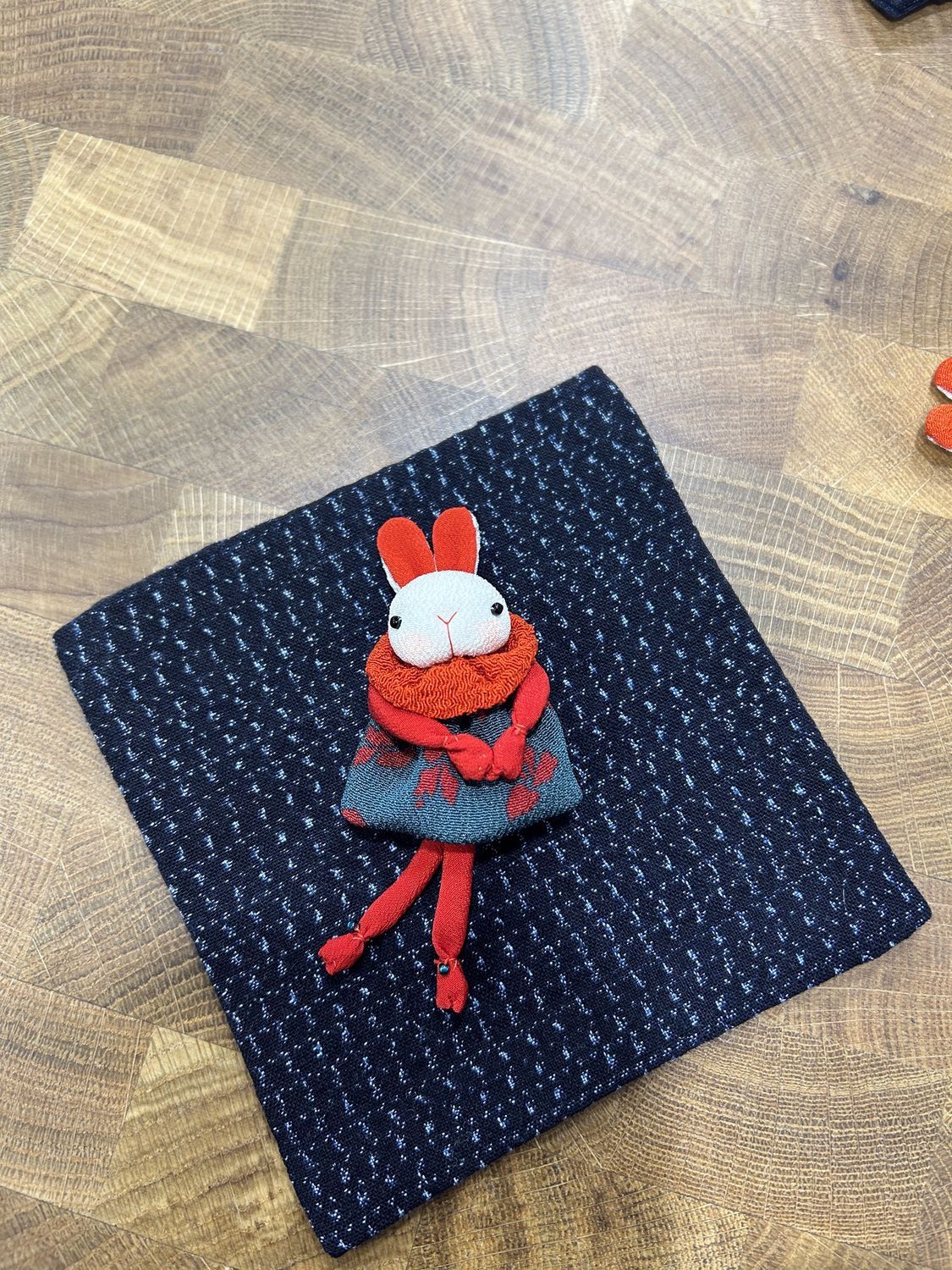 Towa Chirimen Silk Brooch - Rabbit with Red Scarf, Pattern: Green &amp; Red