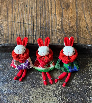 Towa Chirimen Silk Brooch - Rabbit with Red Scarf