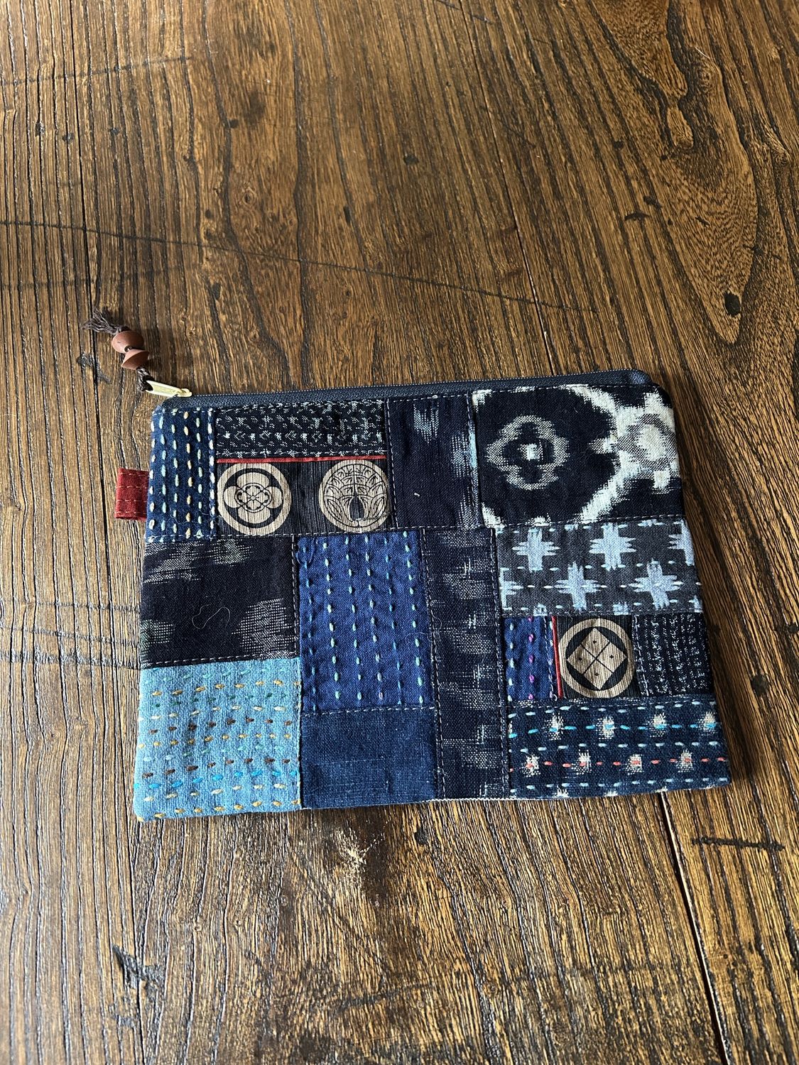 Vintage Kasuri Cottton Patchwork Pouch with Sashiko Stitching 1