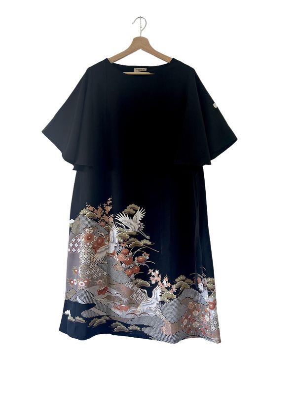 Upcycled Silk Kimono Dress - Flying Cranes &amp; Blossoms with Gold Embroidery
