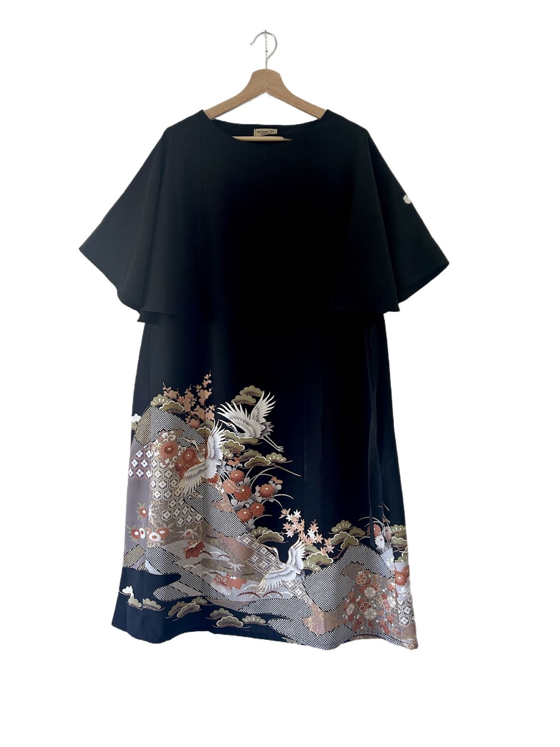 Upcycled Silk Kimono Dress - Flying Cranes &amp; Blossoms with Gold Embroidery
