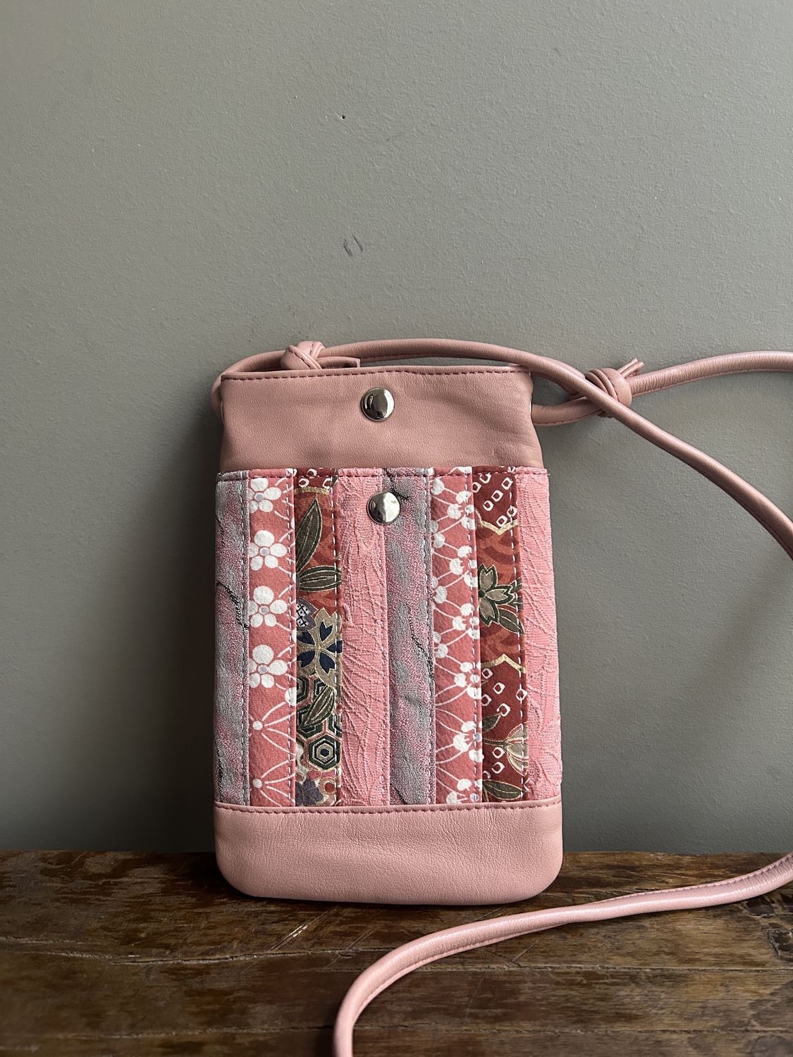 Upcycled Kimono and Leather Pochette - Pink