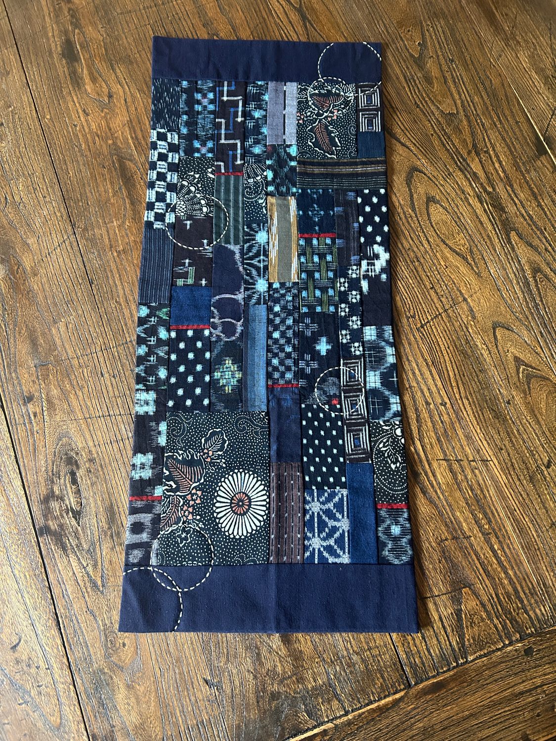 Vintage Kasuri Cotton Patchwork Table Runner/Tapestry with Sashiko Stitching 2