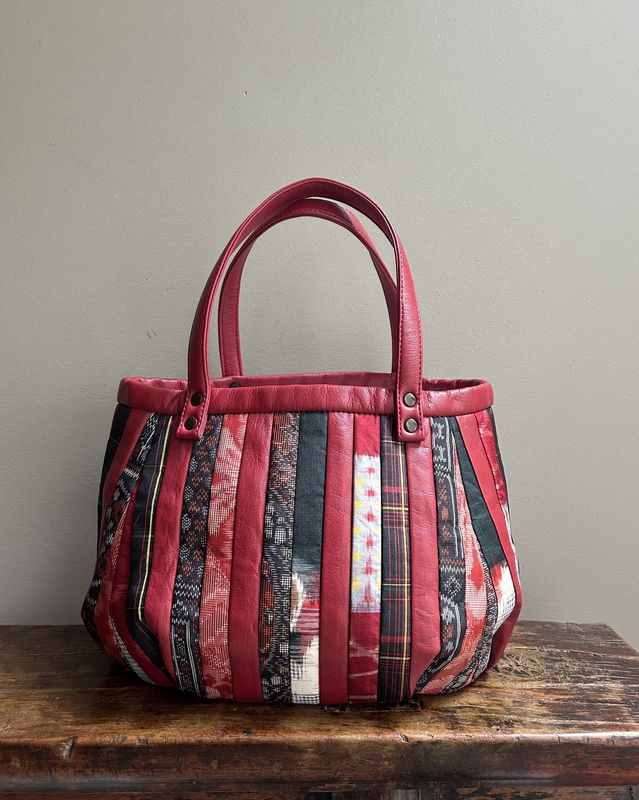 Upcycled Kimono and Leather Bag - Red