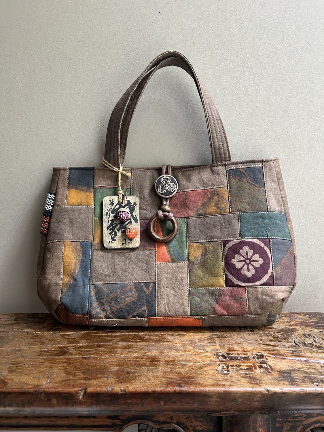 Persimmon Dye Patchwork Tote Bag with Chestnut Brooch