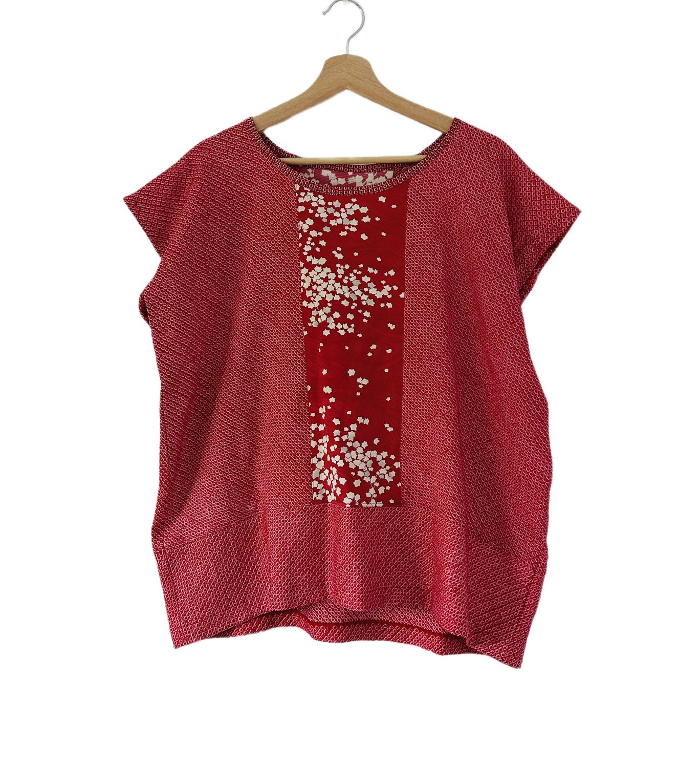 Tie-dye  Silk Top -  Red with Blossom Silk Panel