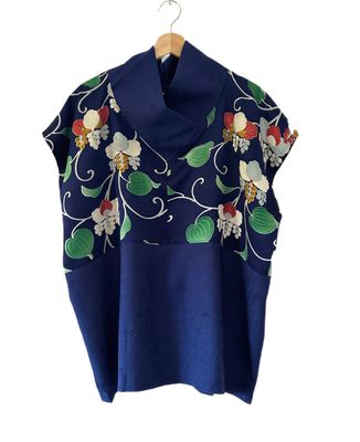 Upcycled Kimono Silk  Top - Floral Vines