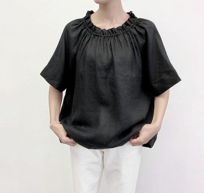 Gathered Neck Linen Top – Soft Sage &amp; Black, Colour: Black