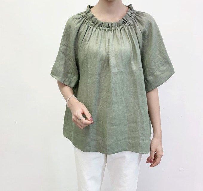Gathered Neck Linen Top – Soft Sage &amp; Black
