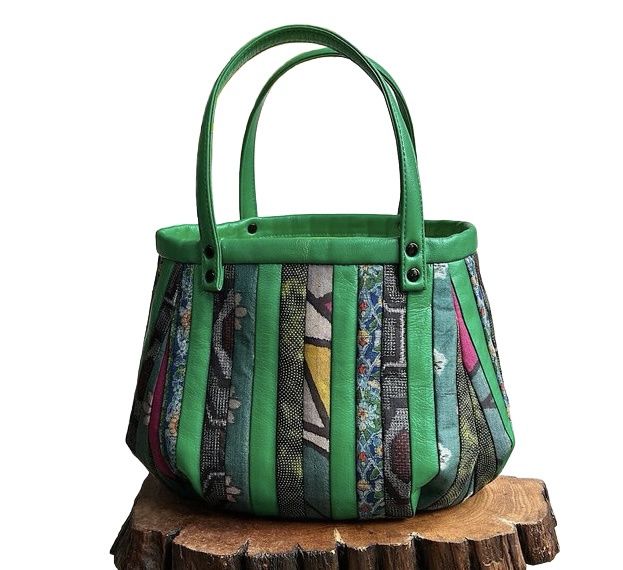 Upcycled Kimono and Leather Bag - Green