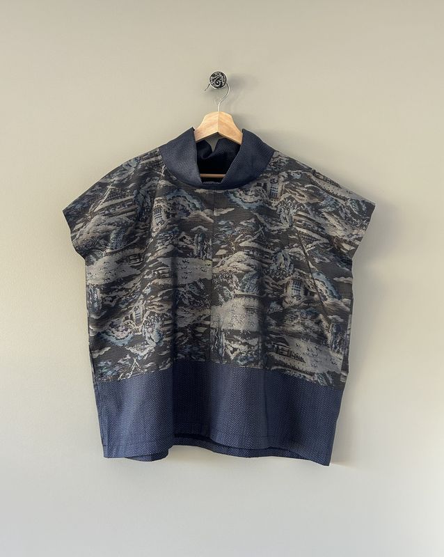 Upcycled Oshima Silk High Neck Top - Winter Landscape