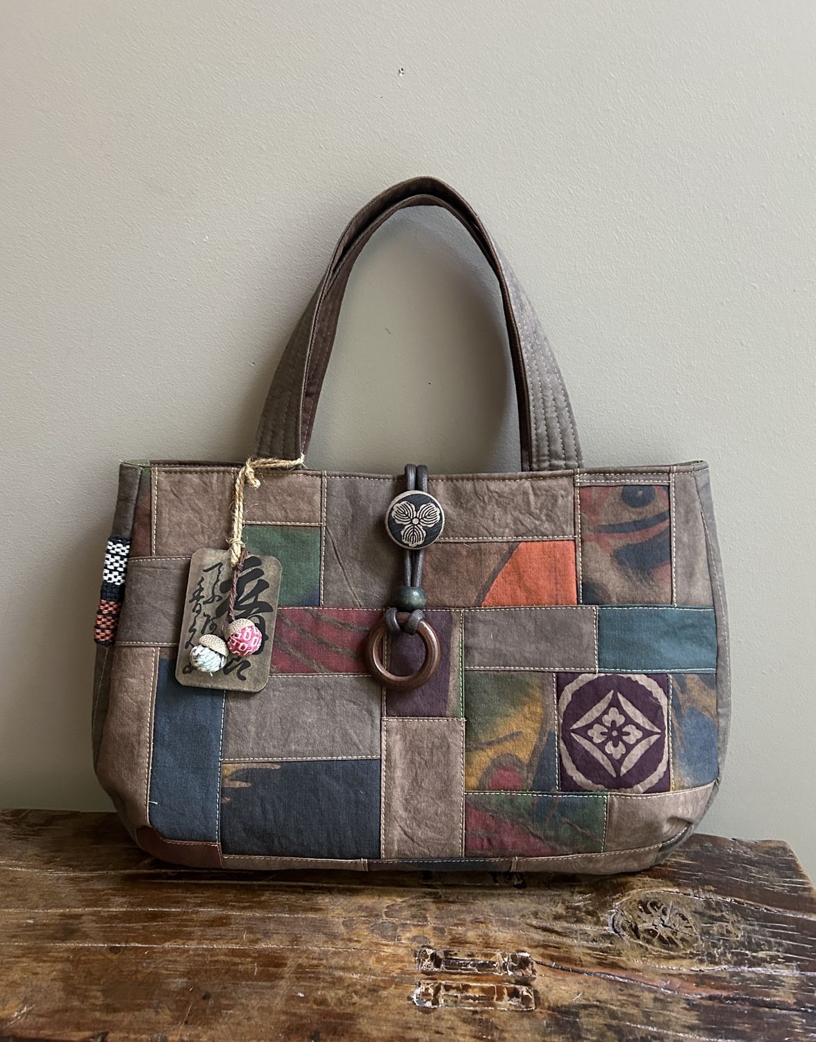 Persimmon-Dyed Patchwork Tote – Chestnut Detail
