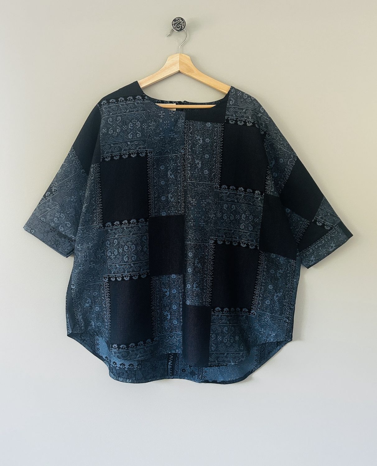 Upcycled Silk Kimono Blouse - Indigo Mosaic