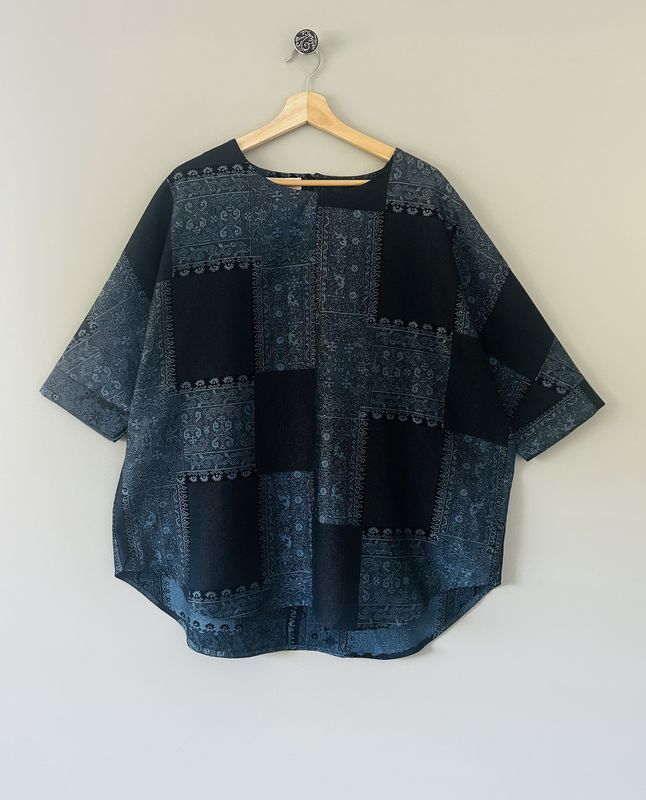 Upcycled Silk Kimono Blouse - Indigo Mosaic