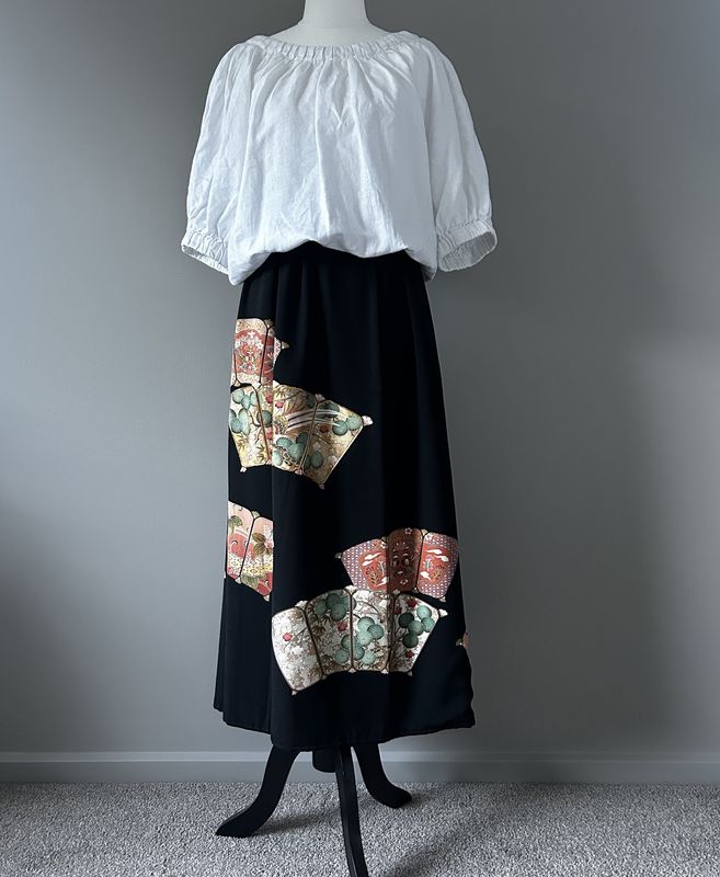 Upcycled Silk Kimono  Skirt - Folding Fan Garden