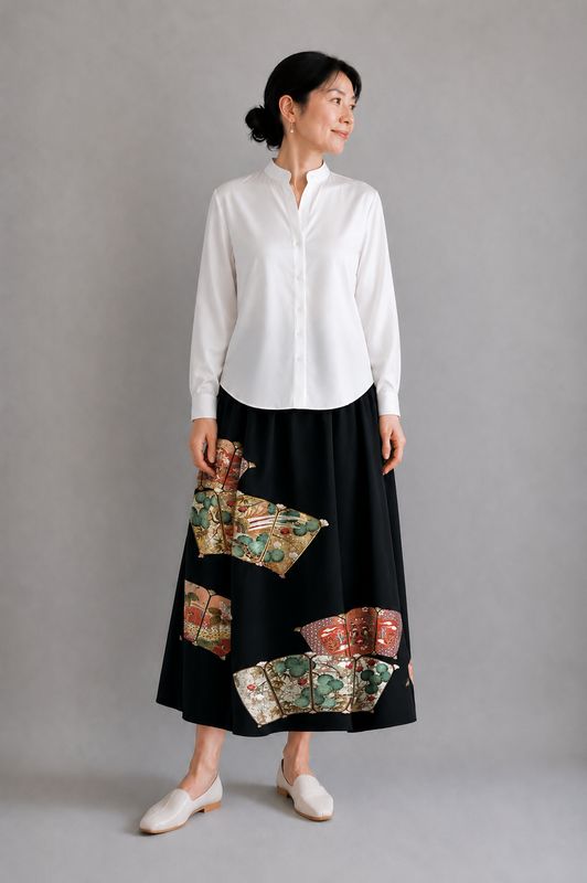 Upcycled Silk Kimono  Skirt - Folding Fan Garden