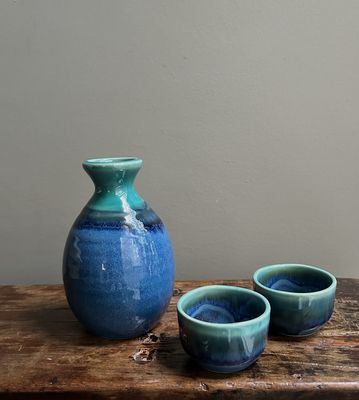 Turquoise Blue Sake Set - Bottle + Two Cups