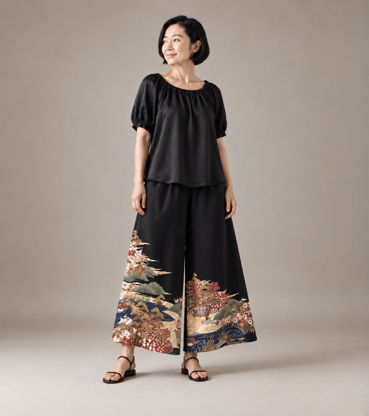 Upcycled Silk Kimono Pants -Autumn Garden Landscape