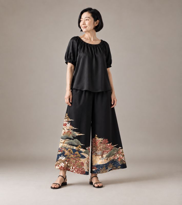 Upcycled Silk Kimono Pants -Autumn Garden Landscape