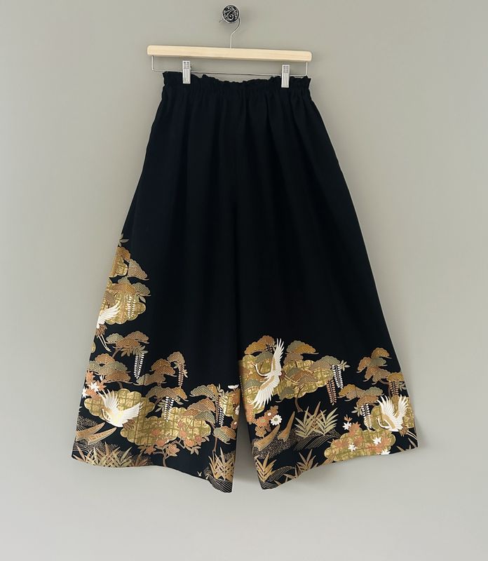 Up-cycled Silk Kimono Pants - Golden Crane Landscape