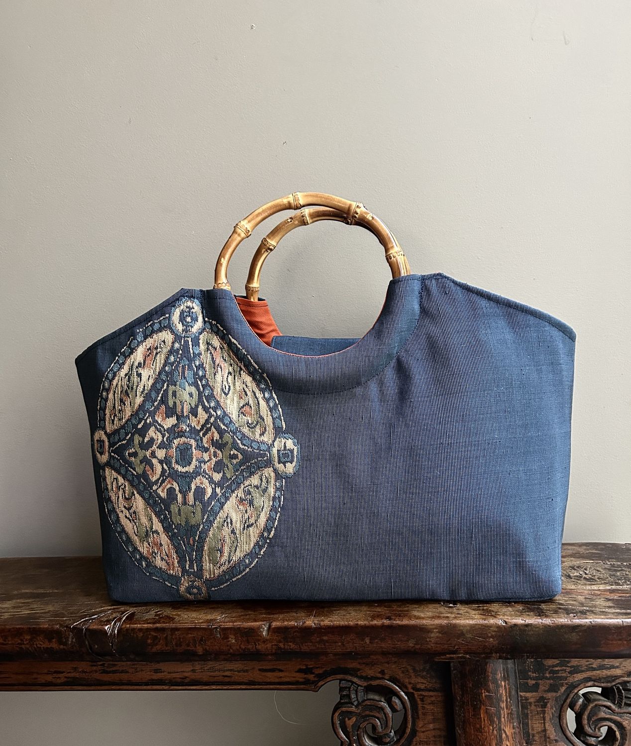 Upcycled Silk Obi Sash Bag with Bamboo Handles - Blue