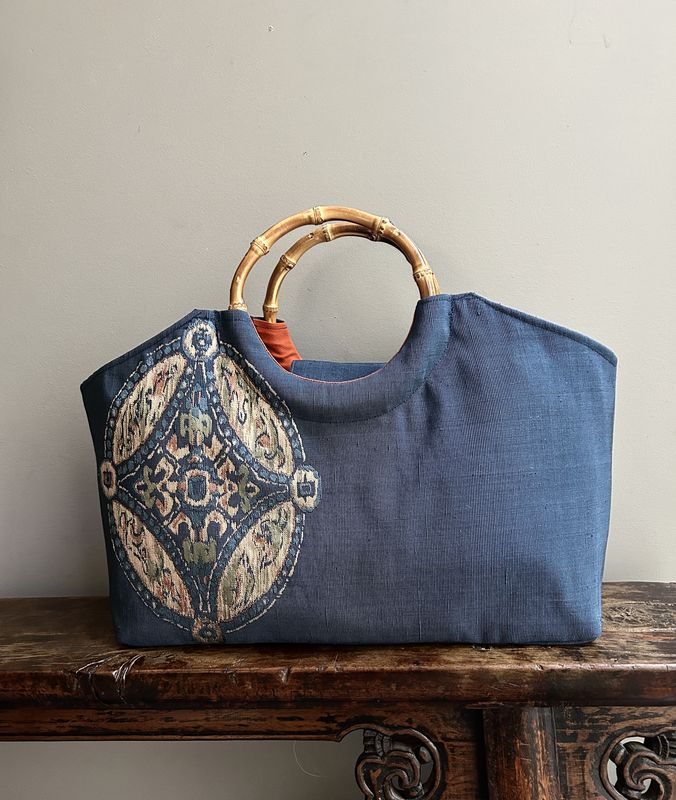 Upcycled Silk Obi Sash Bag with Bamboo Handles - Blue