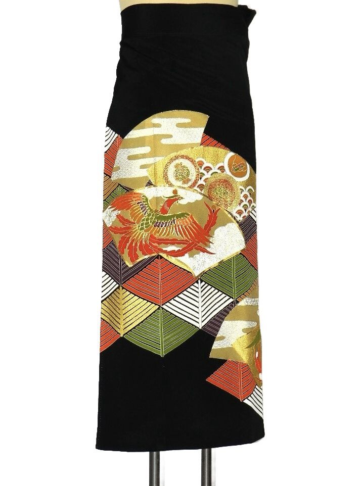 Silk Kimono Wrap Skirt – Gold-Embroidered Phoenix &amp; Fans