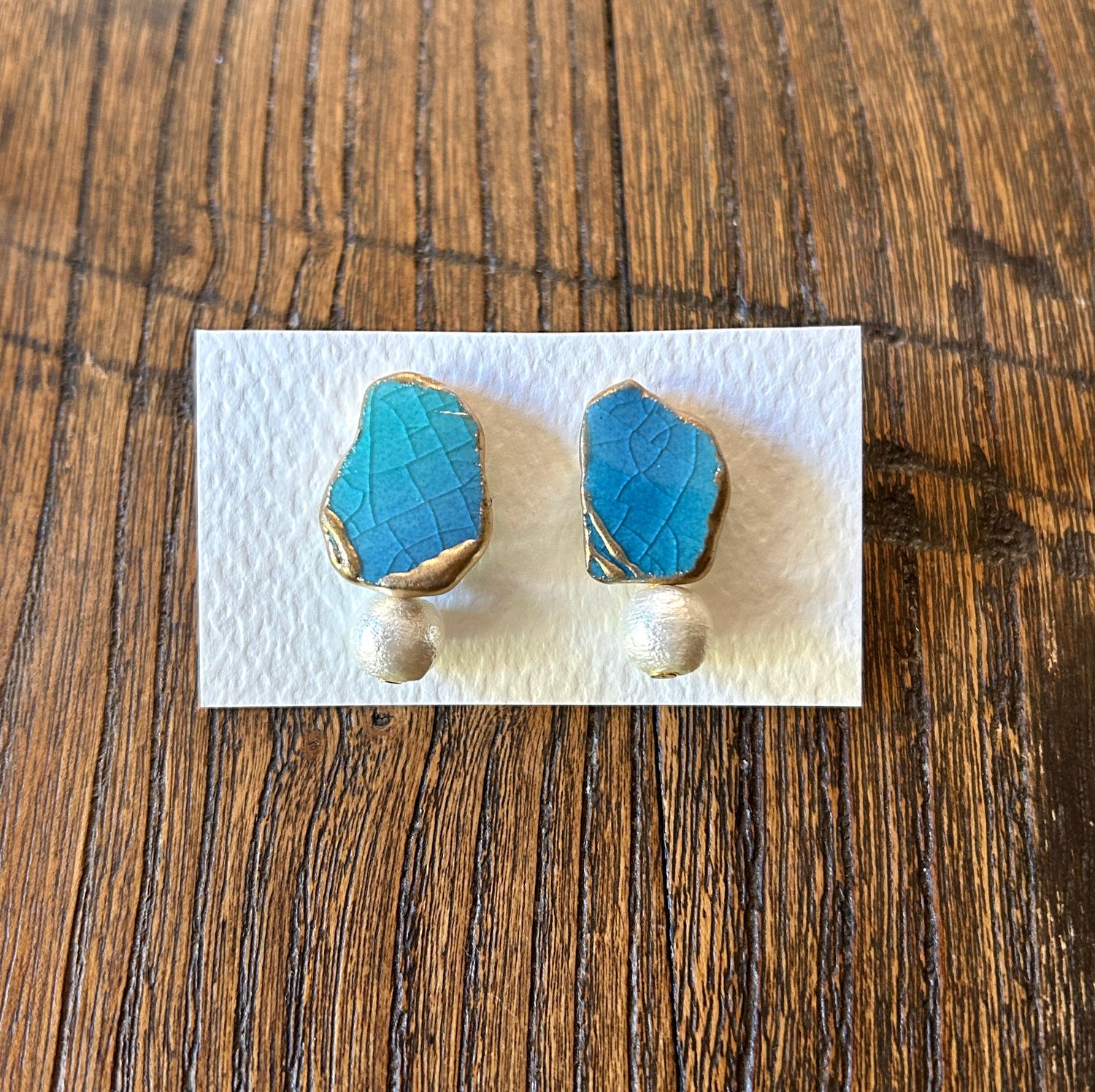 Kintsugi Earrings – Turquoise Mino Ware &amp; Cotton Pearl