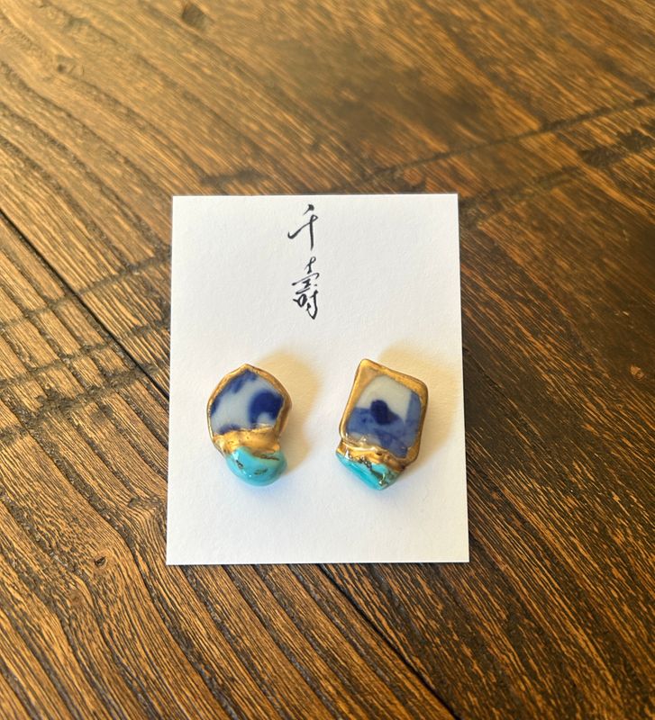 Kintsugi Earrings – Blue &amp; White Sea Ceramic &amp; Gem Stone