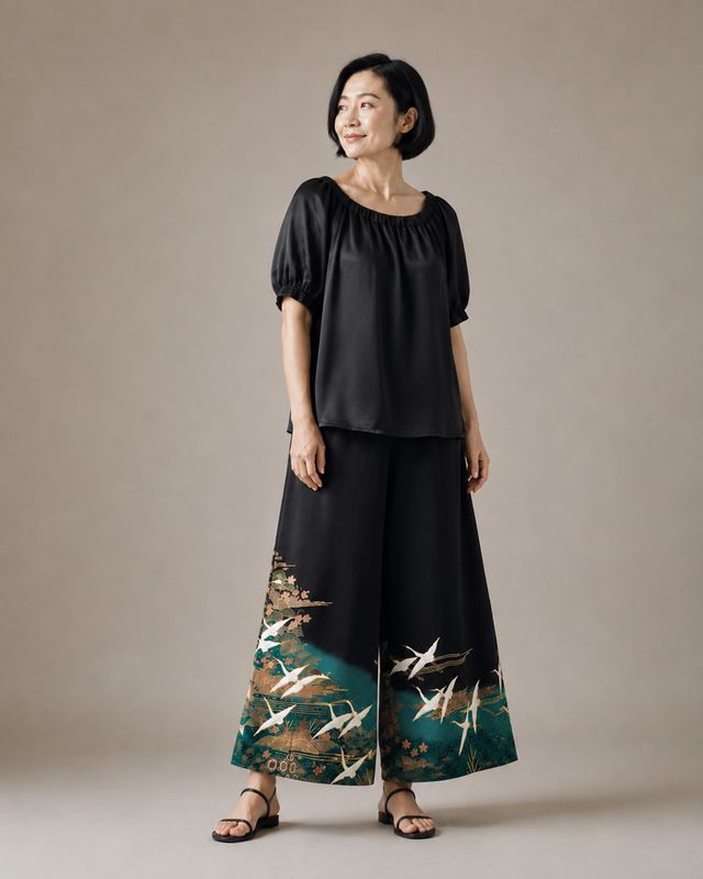Upcycled Silk Kimono Pants – Flying Cranes over Emerald Waters