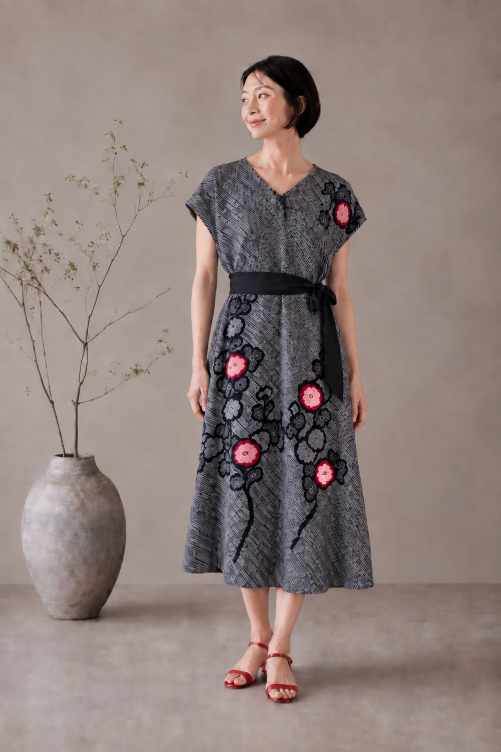 Shibori Dyed Silk Dress  - Black &amp; Red Floral