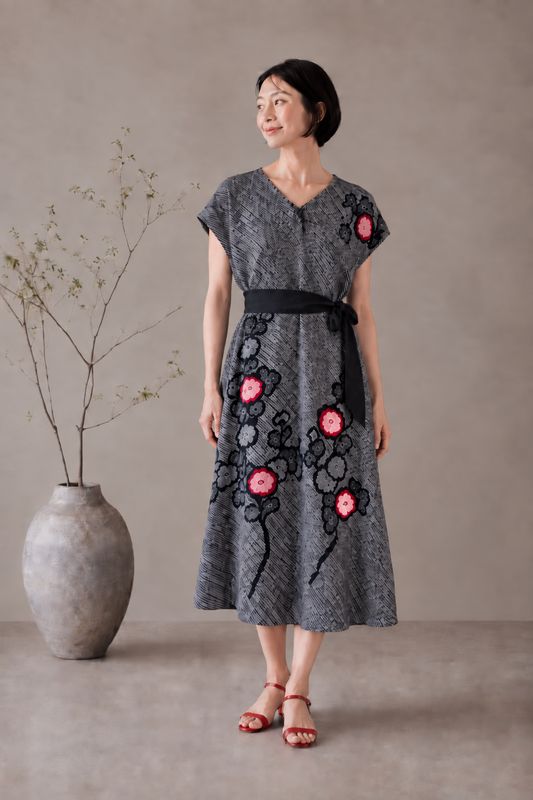 Shibori Dyed Silk Dress  - Black &amp; Red Floral