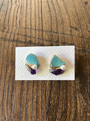 Kintsugi Earrings - Mino Ware Ceramic, amethyst &amp; cotton pearl