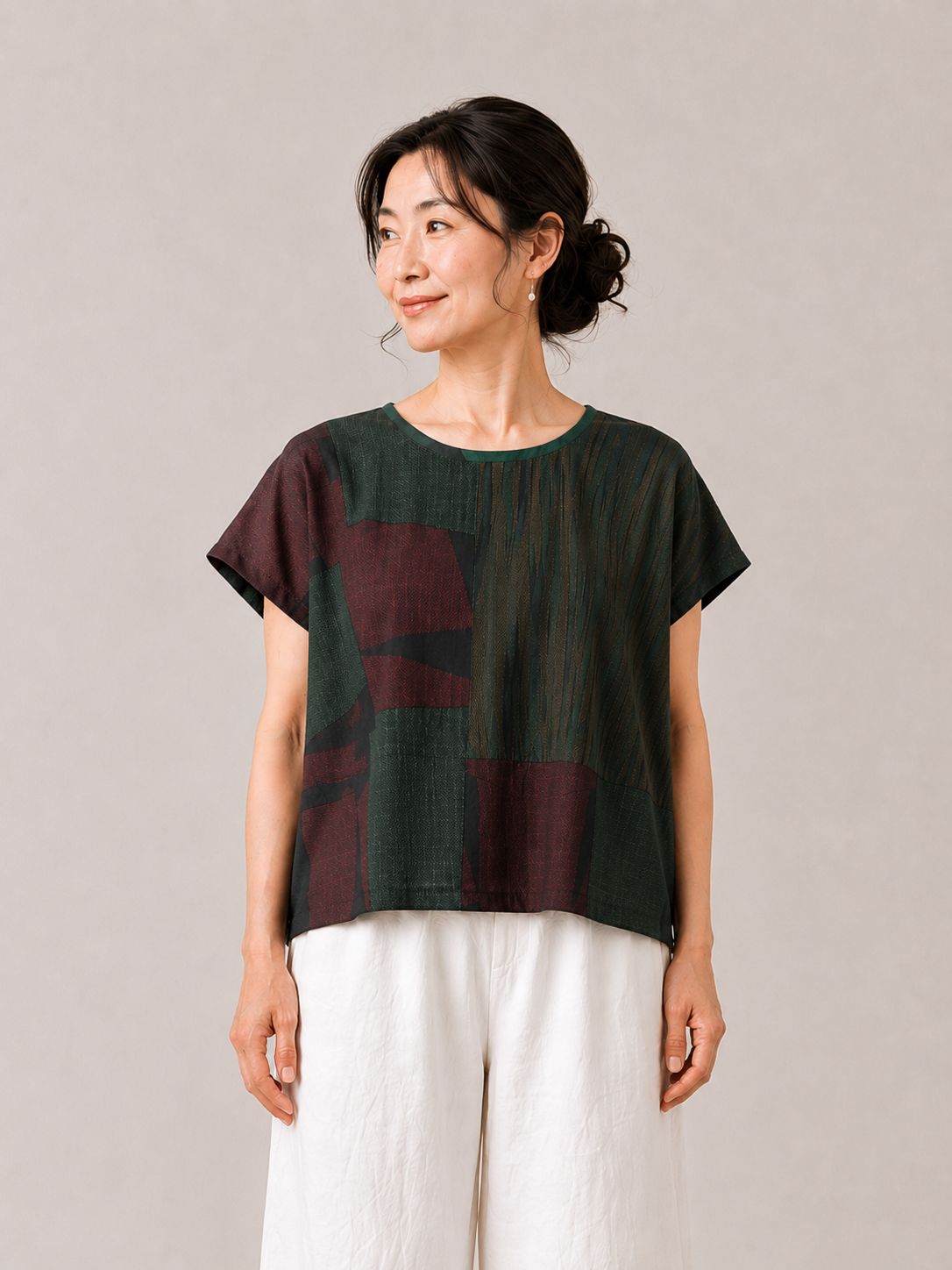 Upcycled Oshima Silk Top - Green Geometric Patchwork
