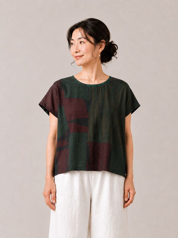 Upcycled Oshima Silk Top - Green Geometric Patchwork