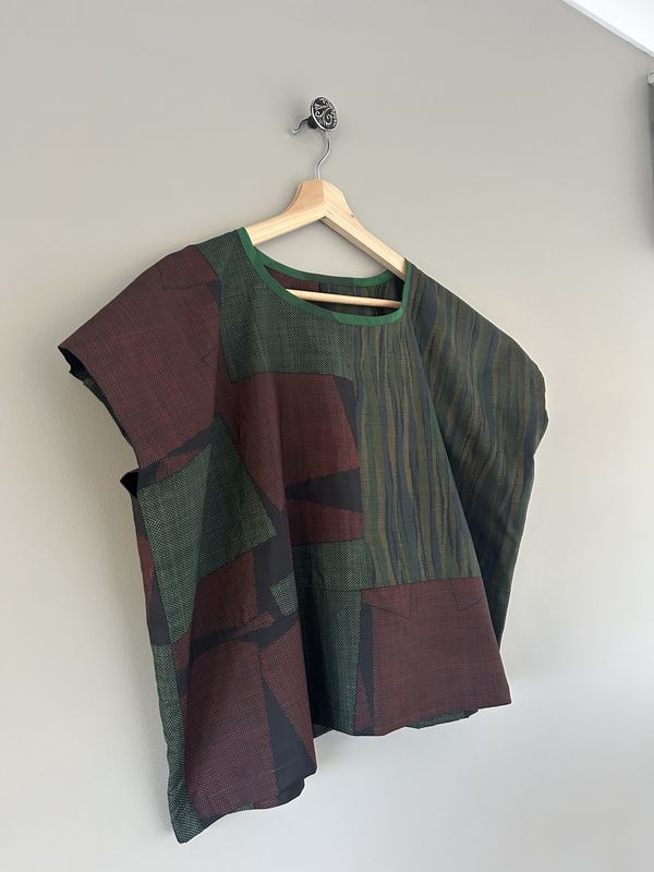 Upcycled Oshima Silk Top - Green Geometric Patachwork