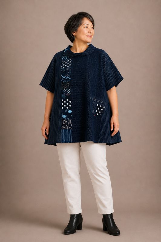 Vintage Kasuri Cotton Panel Tunic with Sashiko Stitching