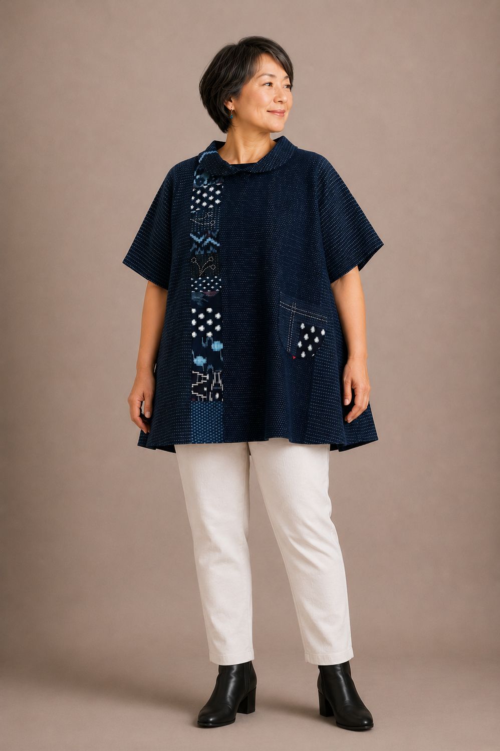 Vintage Kasuri Cotton Panel Tunic with Sashiko Stitching