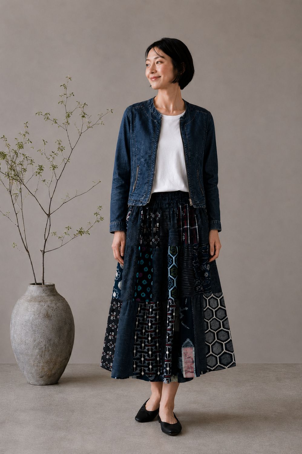 52-panel Vintage Kasuri Cotton Patchwork Skirt