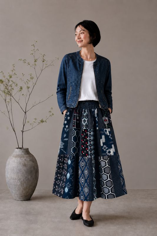 52-panel Vintage Kasuri Cotton Patchwork Skirt